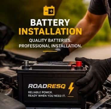 Gloved hands lowering a replacement battery into place in an engine bay.